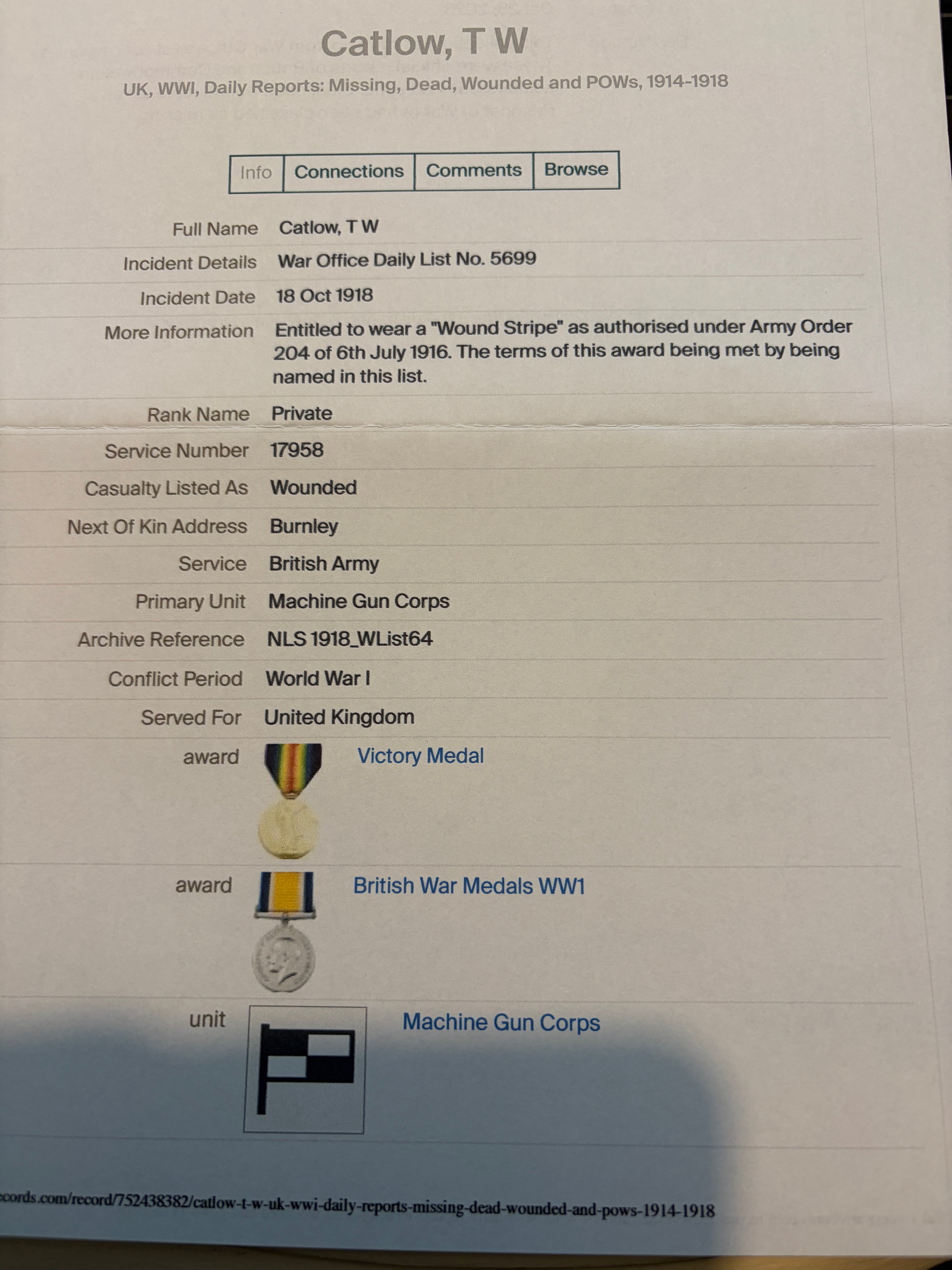 WW1 Medal Trio – 1914-15 Star, British War Medal & Victory Medal – Private THOMAS WILLIAM CATLOW – East Lancashire Regiment & Machine Gun Corps