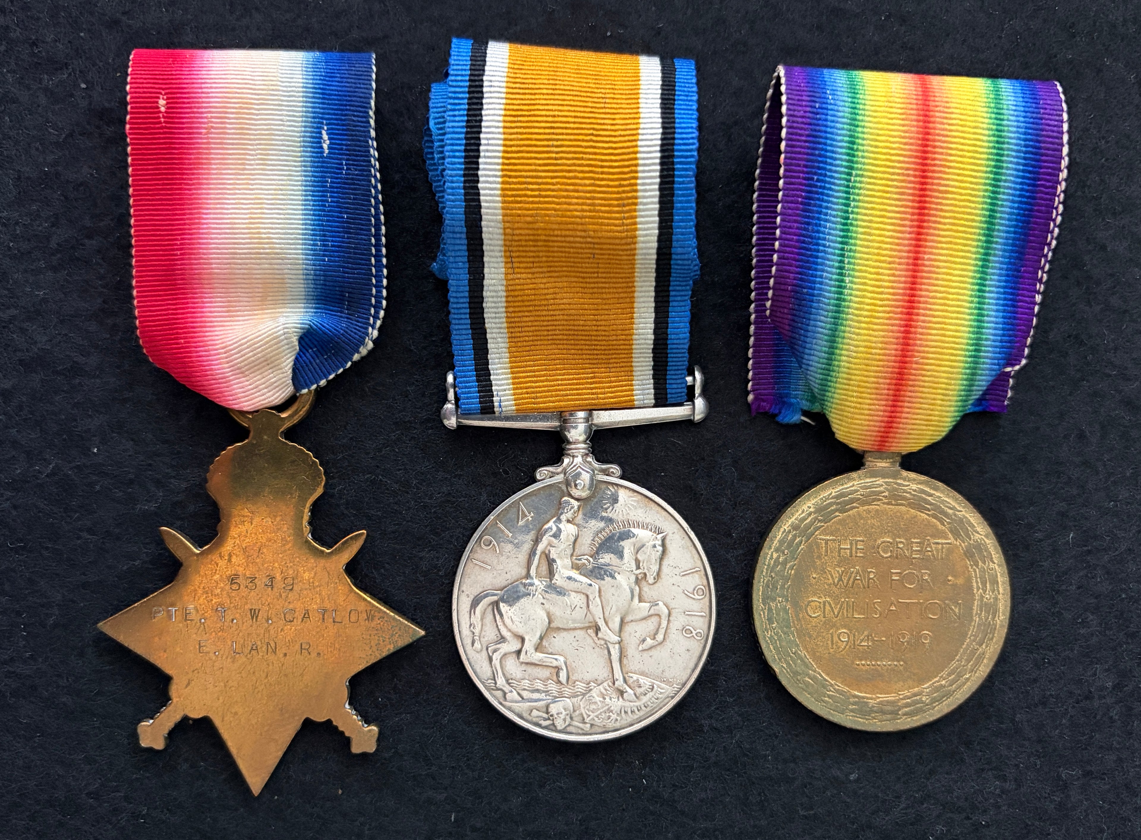 WW1 Medal Trio – 1914-15 Star, British War Medal & Victory Medal – Private THOMAS WILLIAM CATLOW – East Lancashire Regiment & Machine Gun Corps