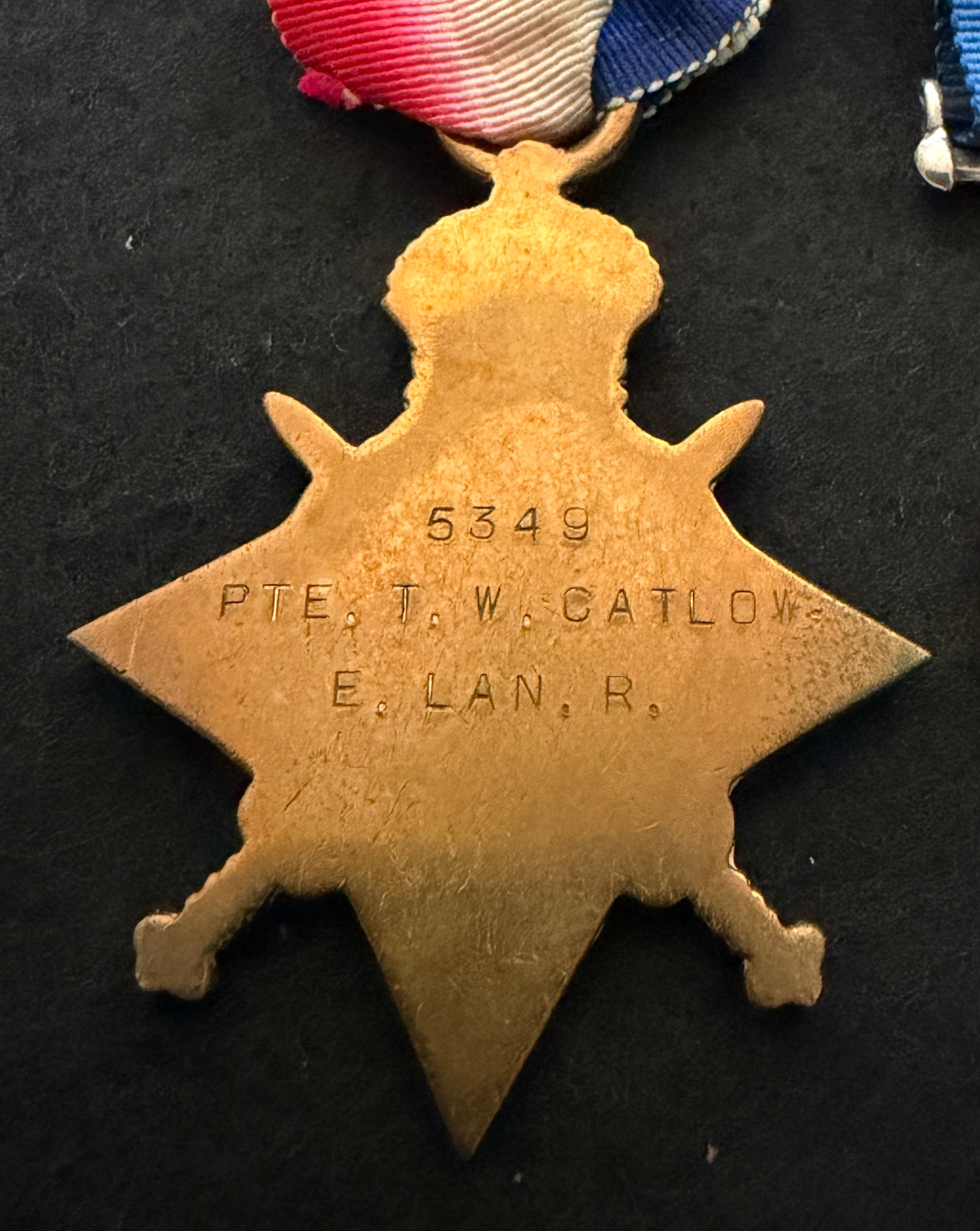 WW1 Medal Trio – 1914-15 Star, British War Medal & Victory Medal – Private THOMAS WILLIAM CATLOW – East Lancashire Regiment & Machine Gun Corps