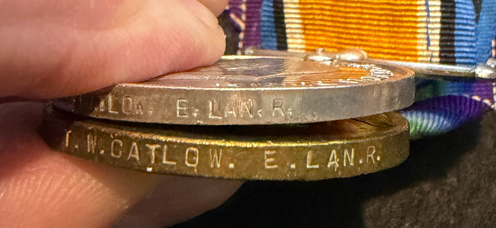 WW1 Medal Trio – 1914-15 Star, British War Medal & Victory Medal – Private THOMAS WILLIAM CATLOW – East Lancashire Regiment & Machine Gun Corps