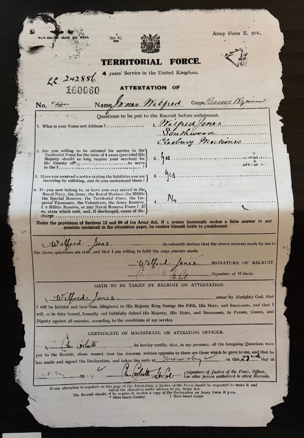 WW1 Victory Medal – WILFRID DUNCAN-JONES - 2/1st Shropshire Yeomanry – Unusual award