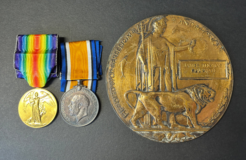 WW1 medal pair & Death Penny - British War Medal, Victory Medal &  memorial plaque (Death Penny) – Gunner JAMES THOMAS CHAPMAN - Royal Garrison Artillery