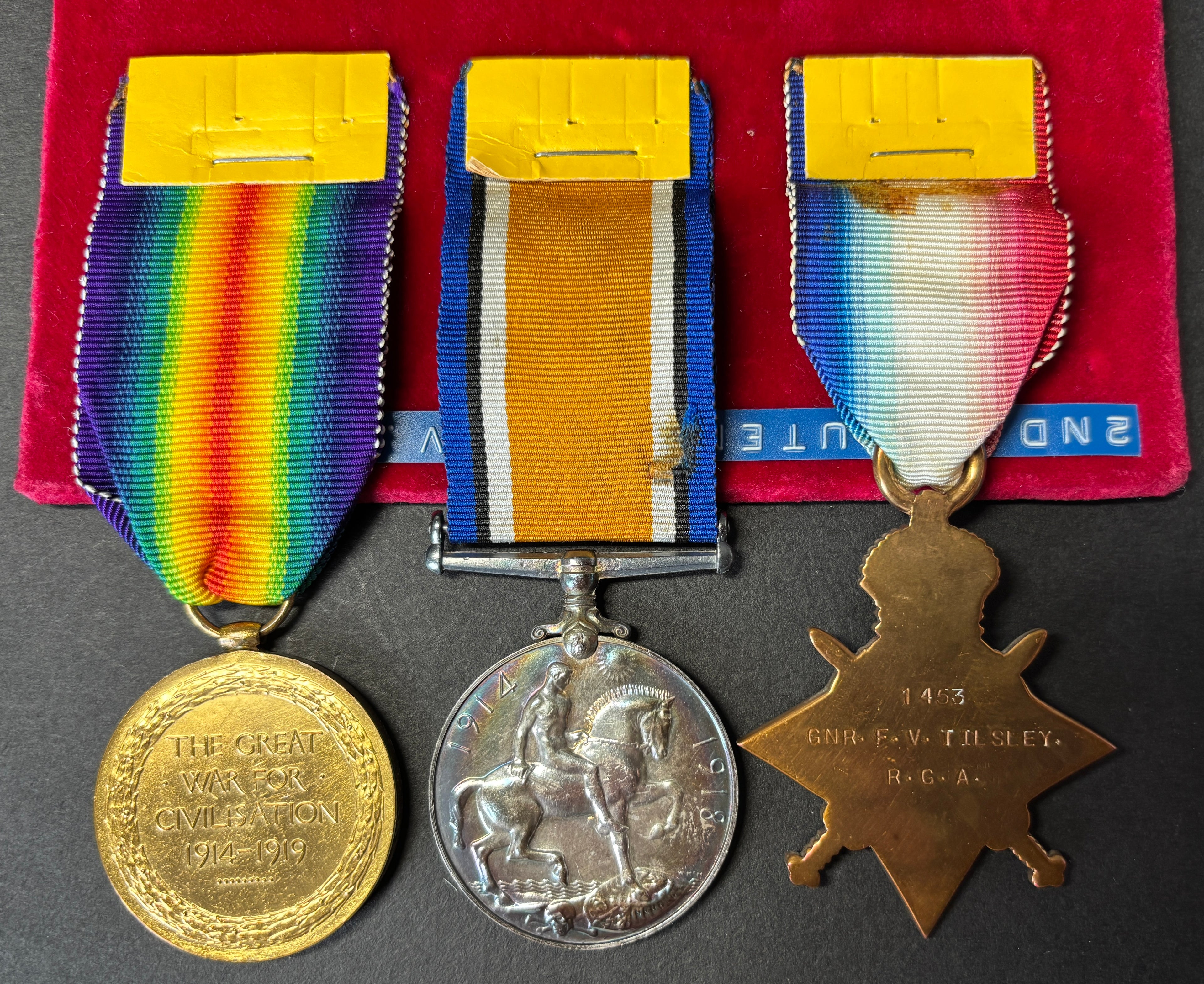 WW1 medal trio - 1914-15 Star, British War Medal & Victory Medal – Gunner, later 2nd Lieutenant FRANK VICTOR TILSLEY – Royal Garrison Artillery