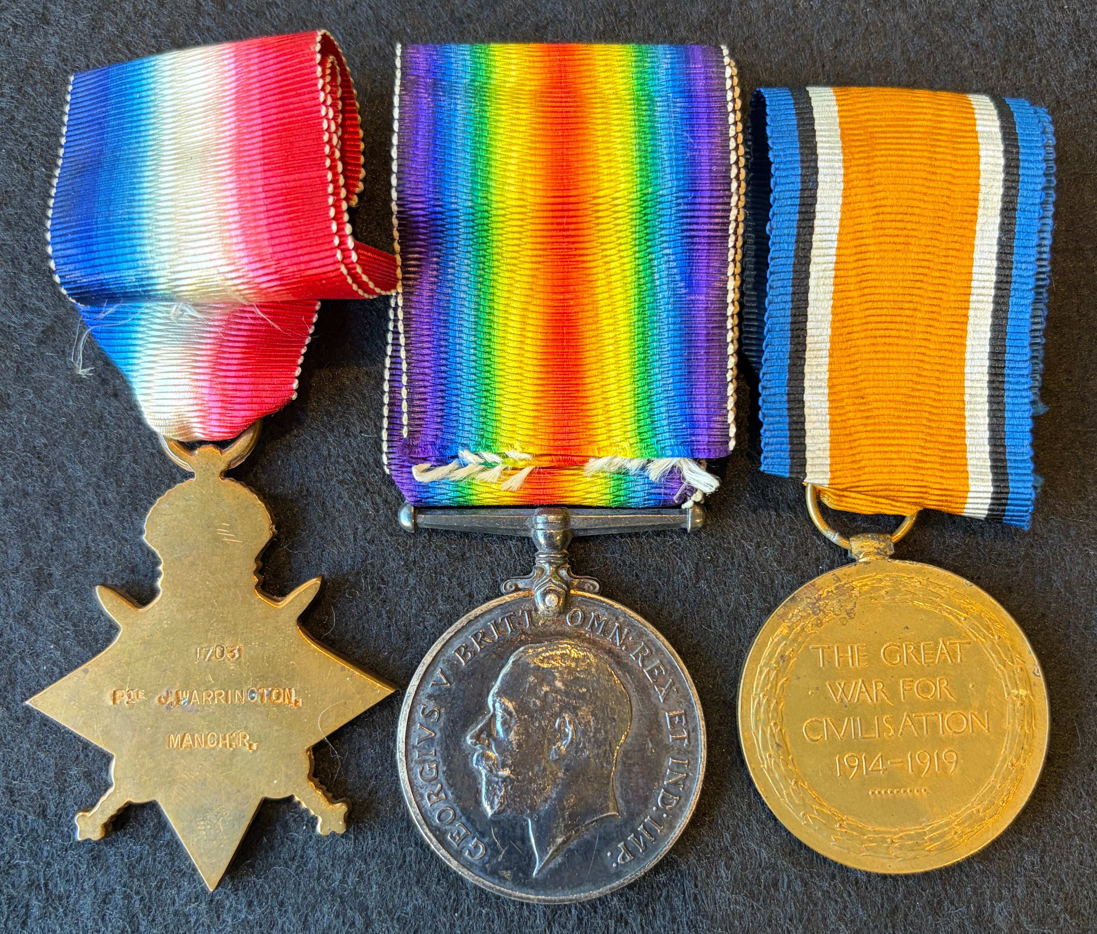 WW1 medal trio - 1914-15 Star, British War medal & Victory Medal – Private JOSEPH WARRINGTON - Manchester Regiment – GALLIPOLI Campaign