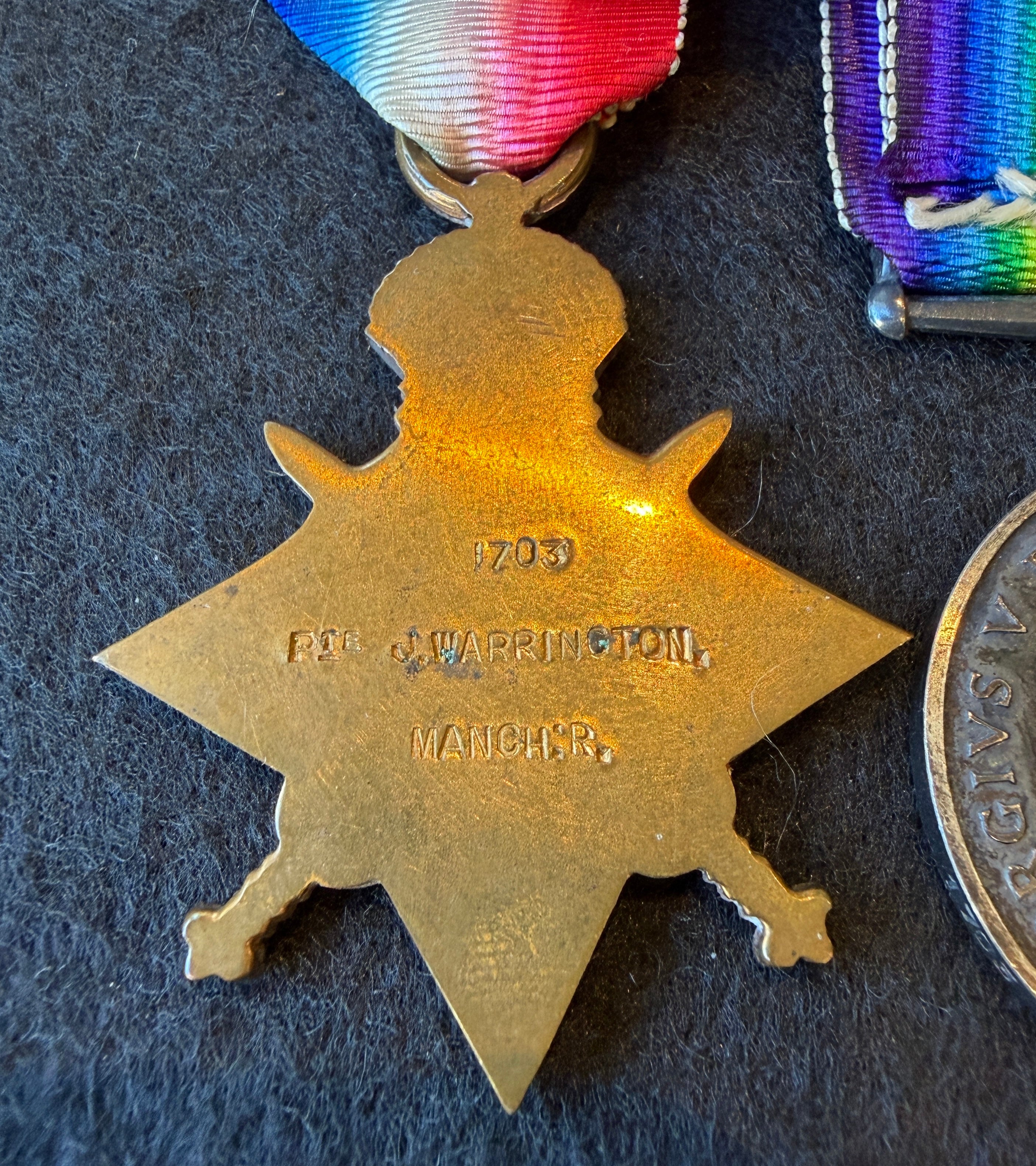 WW1 medal trio - 1914-15 Star, British War medal & Victory Medal – Private JOSEPH WARRINGTON - Manchester Regiment – GALLIPOLI Campaign