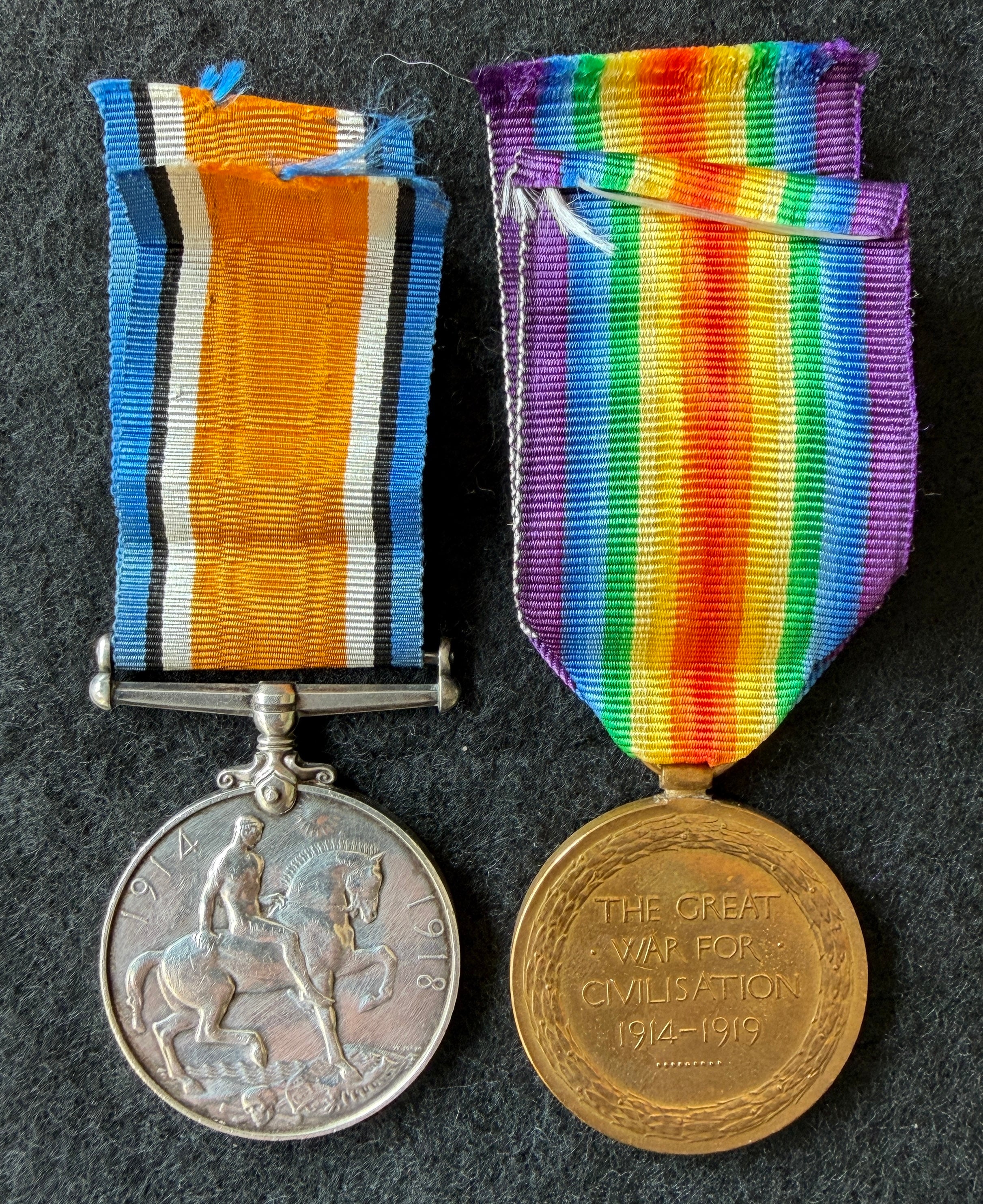 WW1 medal pair - British War Medal & Victory Medal - awarded to Private GEORGE JAMES BRACE of the Essex Regiment & Royal Welsh Fusiliers
