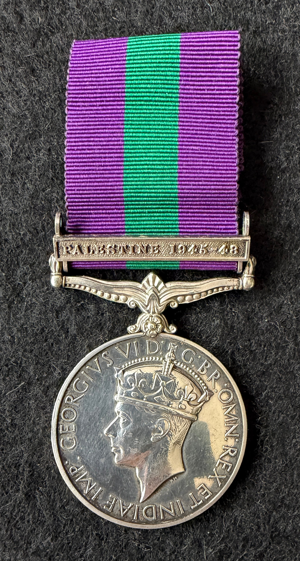General Service Medal (1918) with ‘Palestine 1945-48’ clasp – awarded to Leading Aircraftsman JOHN CHARLES LOWE of the Royal Air Force