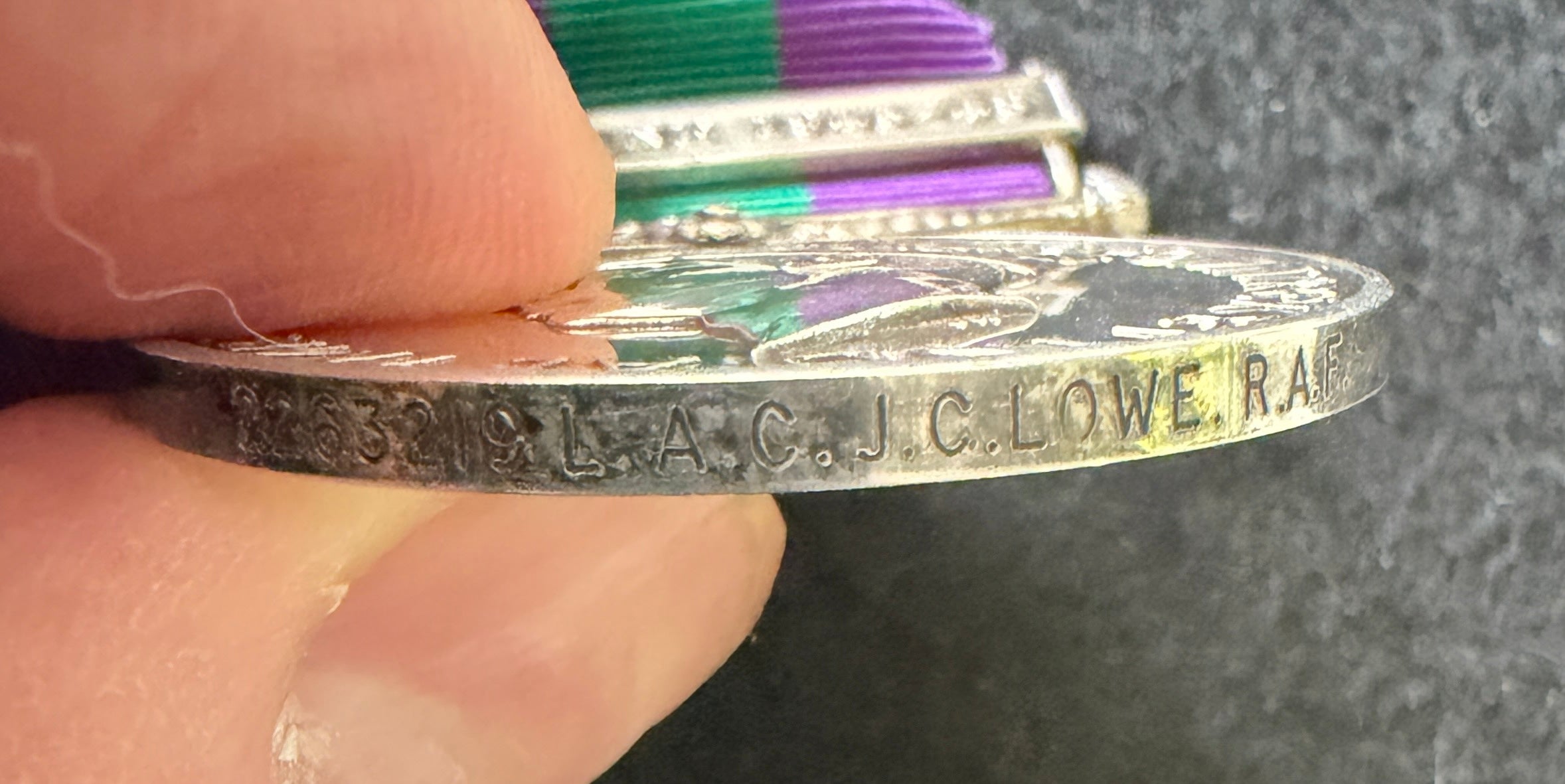 General Service Medal (1918) with ‘Palestine 1945-48’ clasp – awarded to Leading Aircraftsman JOHN CHARLES LOWE of the Royal Air Force