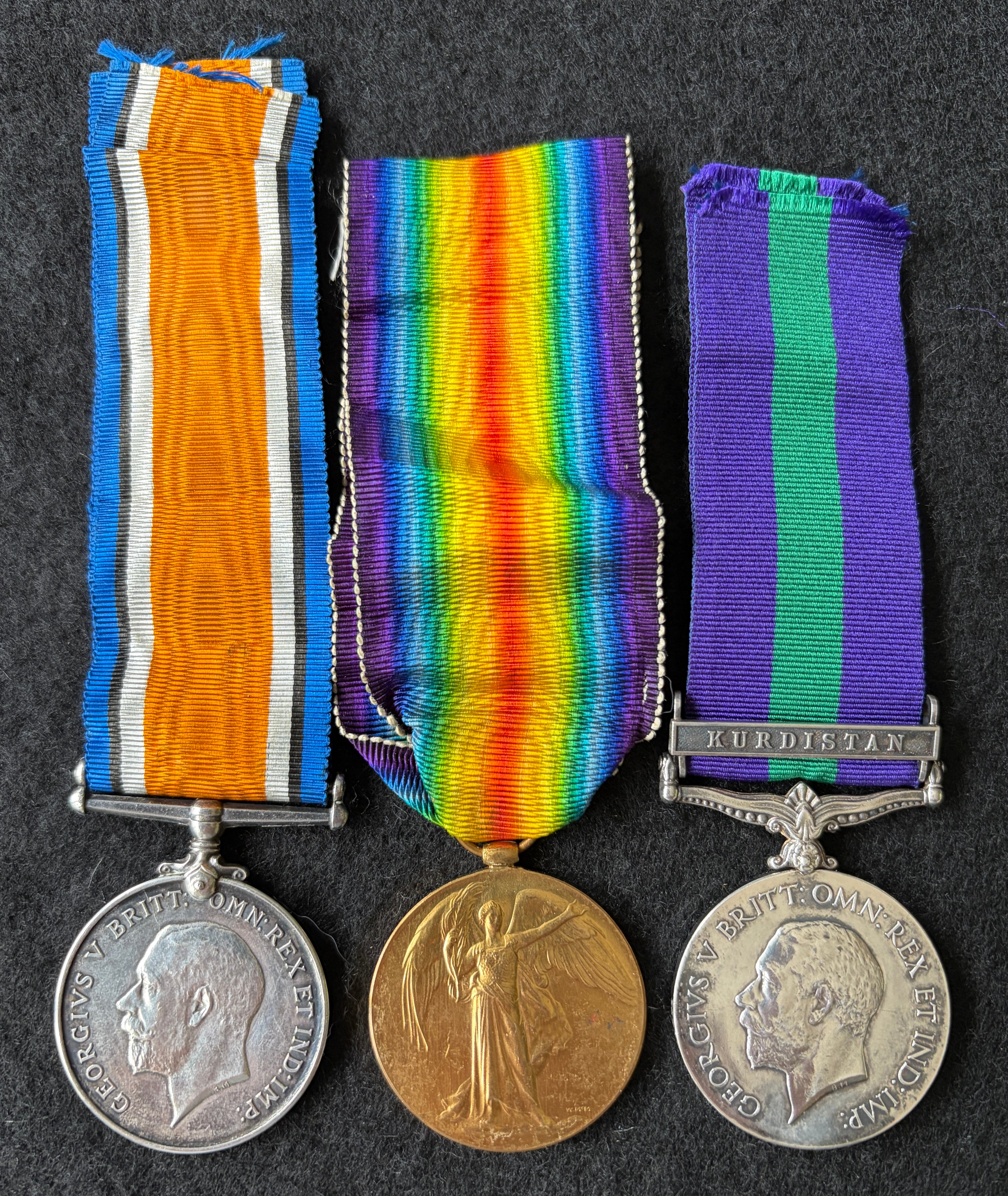 Medal group consisting of British War Medal, Victory Medal and General Service Medal (1918) with ‘Kurdistan’ clasp – awarded to Private JOHN THOMPSON of the 6th (Service) Battalion the Loyal North Lancashire Regiment