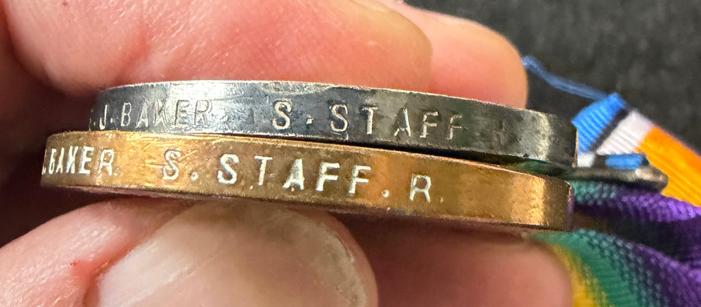 WW1 medal pair – British War Medal & Victory Medal (missing 1914-15 Star) – awarded to JOHN BAKER of the 2nd Battalion South Staffordshire Regiment