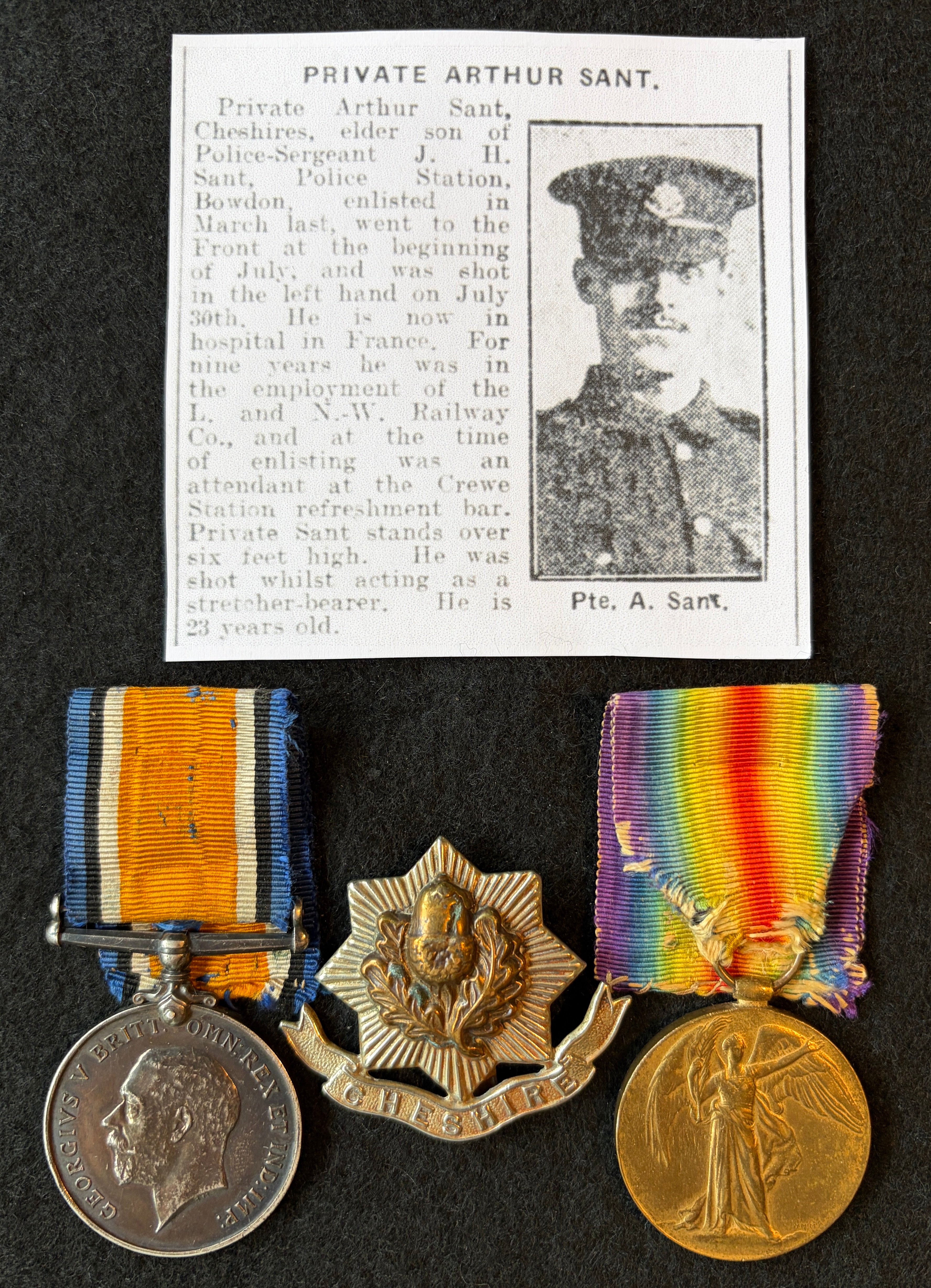 WW1 medal pair – British War Medal & Victory Medal – awarded to ARTHUR SANT of the Cheshire Regiment, later the Labour Corps – Wounded during the Battle of the Somme 1916