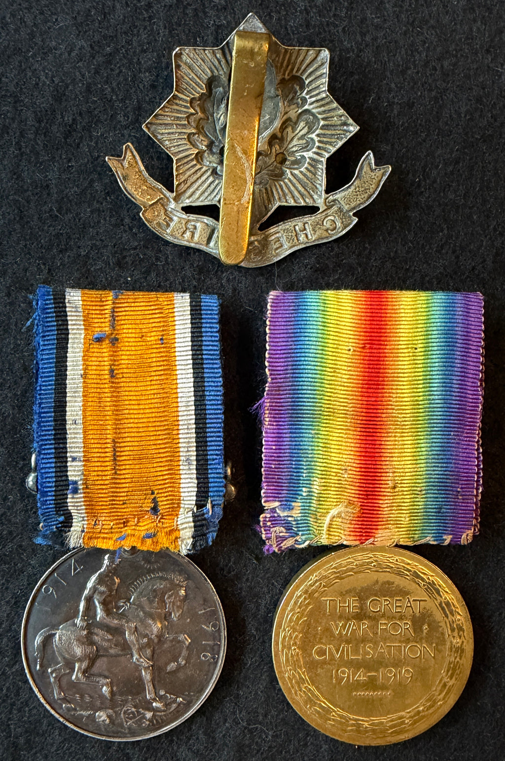 WW1 medal pair – British War Medal & Victory Medal – awarded to ARTHUR SANT of the Cheshire Regiment, later the Labour Corps – Wounded during the Battle of the Somme 1916