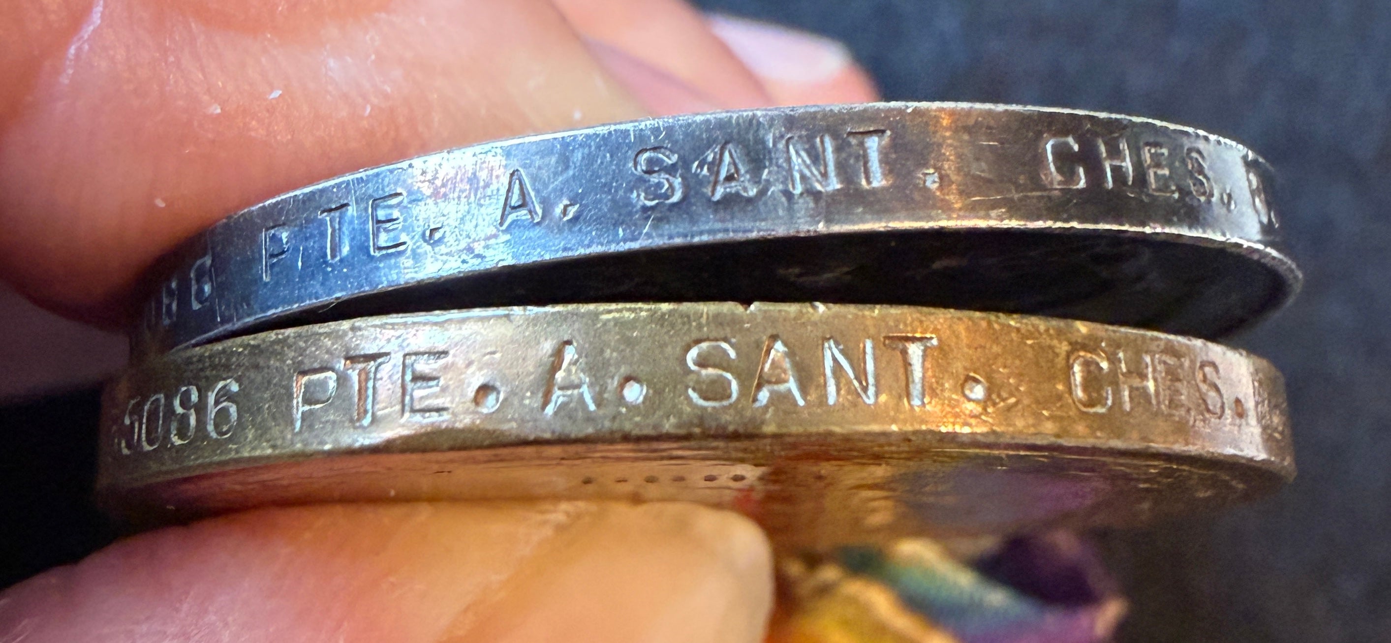 WW1 medal pair – British War Medal & Victory Medal – awarded to ARTHUR SANT of the Cheshire Regiment, later the Labour Corps – Wounded during the Battle of the Somme 1916