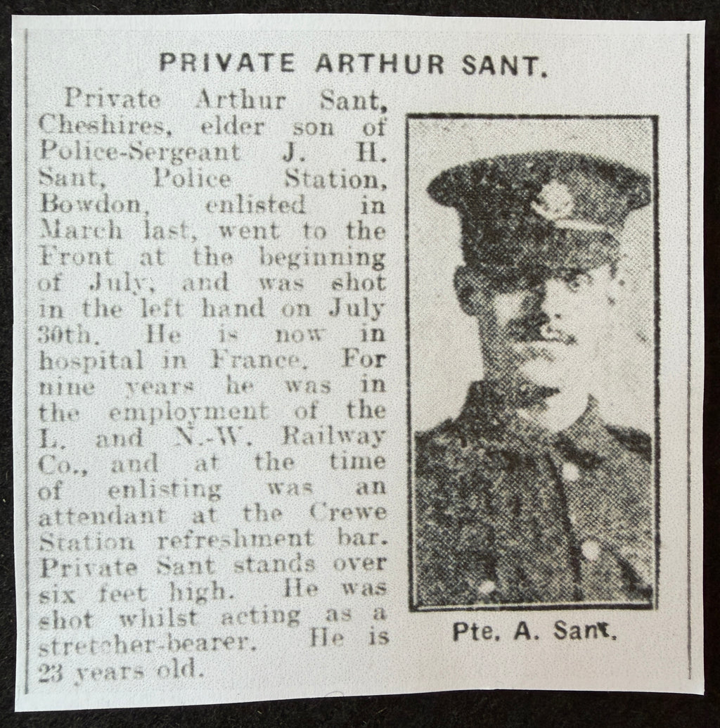 WW1 medal pair – British War Medal & Victory Medal – awarded to ARTHUR SANT of the Cheshire Regiment, later the Labour Corps – Wounded during the Battle of the Somme 1916