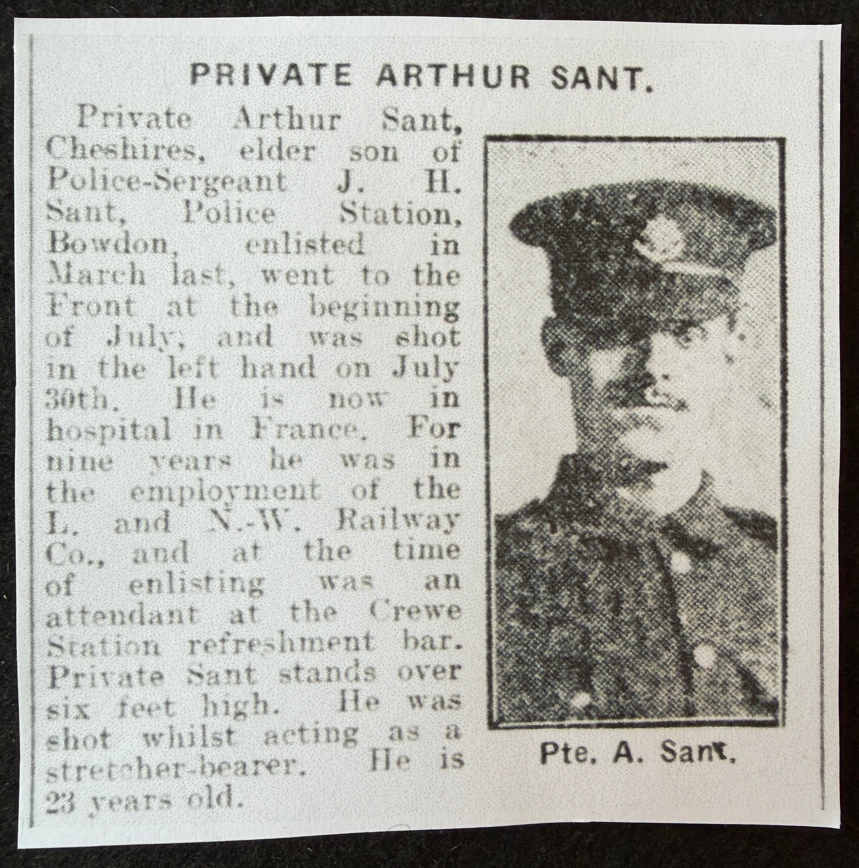 WW1 medal pair – British War Medal & Victory Medal – awarded to ARTHUR SANT of the Cheshire Regiment, later the Labour Corps – Wounded during the Battle of the Somme 1916