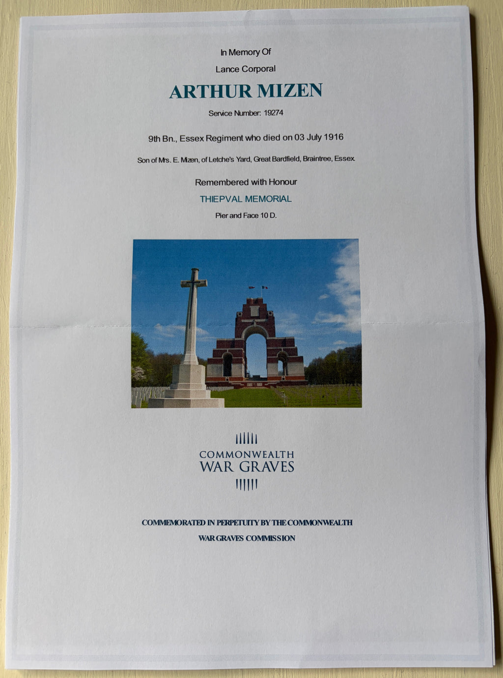 WW1 British War Medal (Single medal only, brooched & missing suspender) – Awarded to Private ARTHUR MIZEN of the 9th (Service) Battalion the Essex Regiment – KIA Battle of the Somme 1916 (Ovilers-La Boisselle)