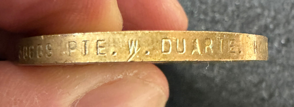 WW1 Victory Medal (Single medal only) – Awarded to Private WILLIAM DUARTE of the 1st and 11th Battalions of the Hampshire Regiment and the 1st Battalion the Devonshire Regiment