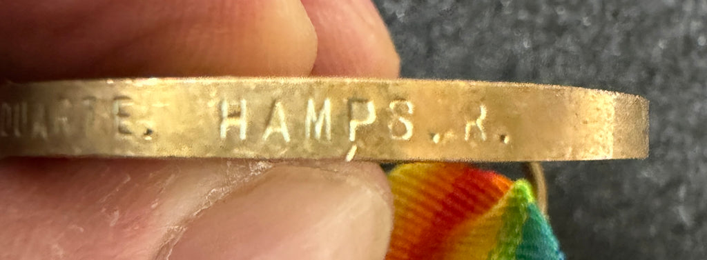WW1 Victory Medal (Single medal only) – Awarded to Private WILLIAM DUARTE of the 1st and 11th Battalions of the Hampshire Regiment and the 1st Battalion the Devonshire Regiment