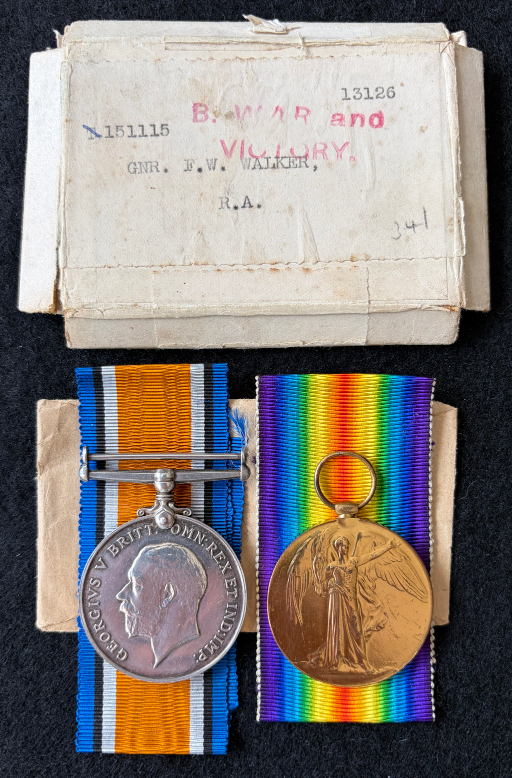 WW1 medal pair with original unused ribbons, box & medal envelope – British War Medal & Victory Medal - Awarded to Gunner FRANK W WALKER of the Royal Field Artillery (Greater London District)