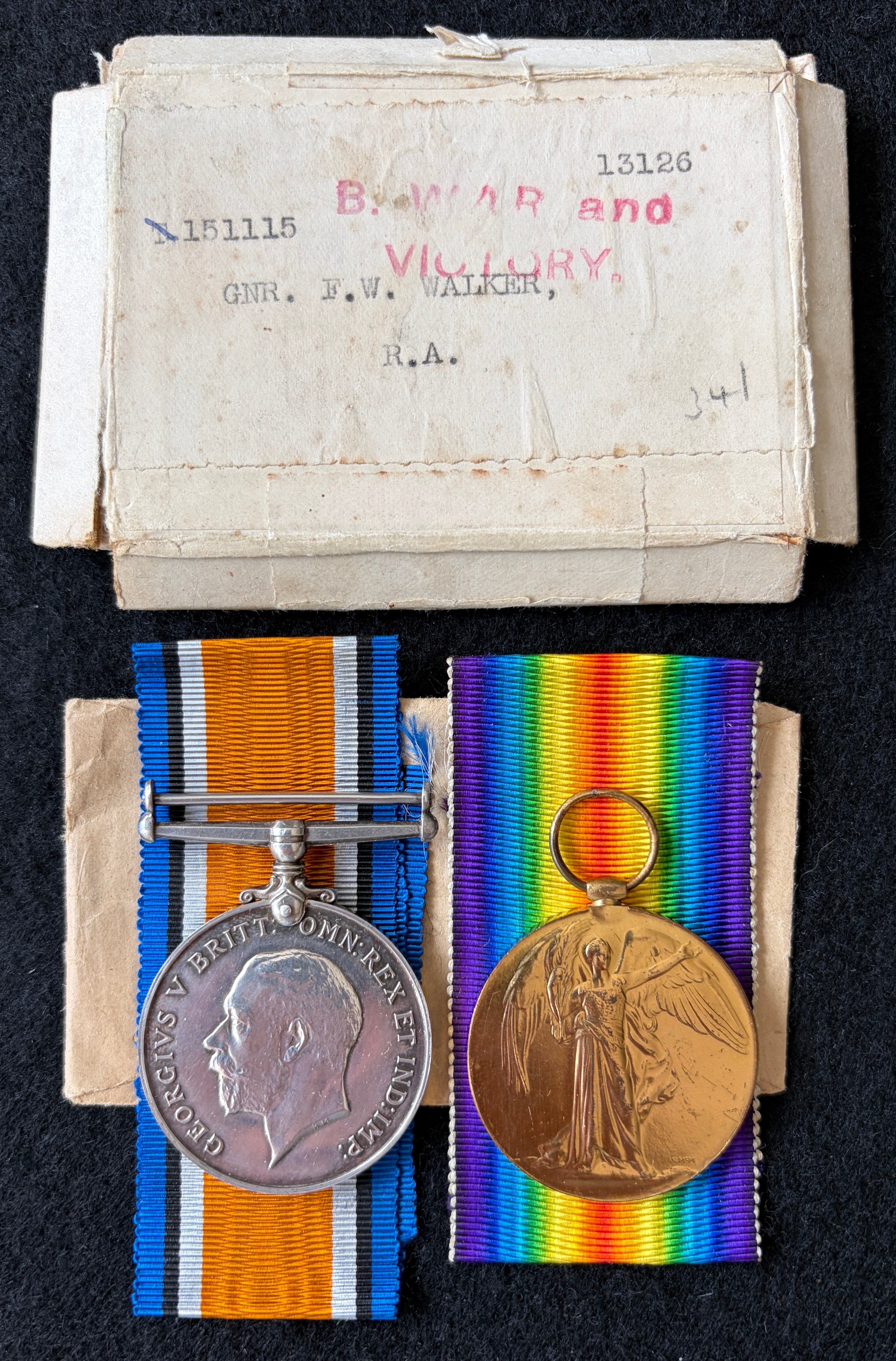 WW1 medal pair with original unused ribbons, box & medal envelope – British War Medal & Victory Medal - Awarded to Gunner FRANK W WALKER of the Royal Field Artillery (Greater London District)