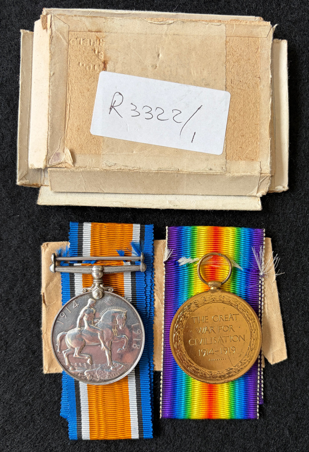 WW1 medal pair with original unused ribbons, box & medal envelope – British War Medal & Victory Medal - Awarded to Gunner FRANK W WALKER of the Royal Field Artillery (Greater London District)