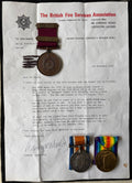 Interesting WW1 medal pair, British War & Victory Medal, awarded to ALBERT DRAYNER Royal Navy, with bronze National Fire Brigade Union Long Service Medal to brother JAMES DRAYNER, Sandgate Fire Brigade, Kent, with associated British Fire Services letter