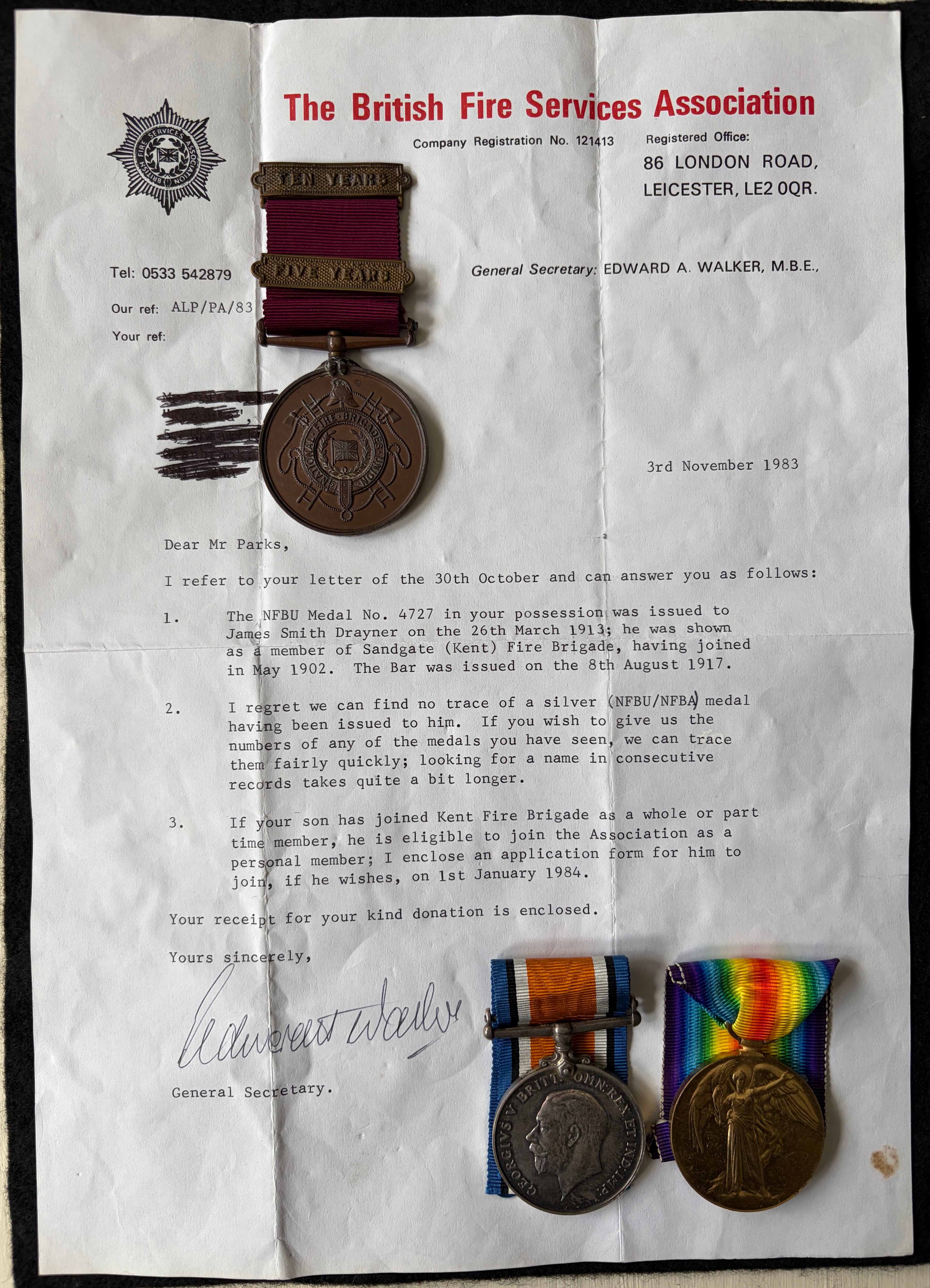 Interesting WW1 medal pair, British War & Victory Medal, awarded to ALBERT DRAYNER Royal Navy, with bronze National Fire Brigade Union Long Service Medal to brother JAMES DRAYNER, Sandgate Fire Brigade, Kent, with associated British Fire Services letter