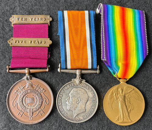 Interesting WW1 medal pair, British War & Victory Medal, awarded to ALBERT DRAYNER Royal Navy, with bronze National Fire Brigade Union Long Service Medal to brother JAMES DRAYNER, Sandgate Fire Brigade, Kent, with associated British Fire Services letter