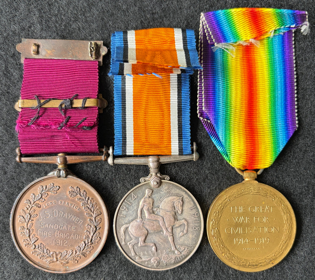 Interesting WW1 medal pair, British War & Victory Medal, awarded to ALBERT DRAYNER Royal Navy, with bronze National Fire Brigade Union Long Service Medal to brother JAMES DRAYNER, Sandgate Fire Brigade, Kent, with associated British Fire Services letter