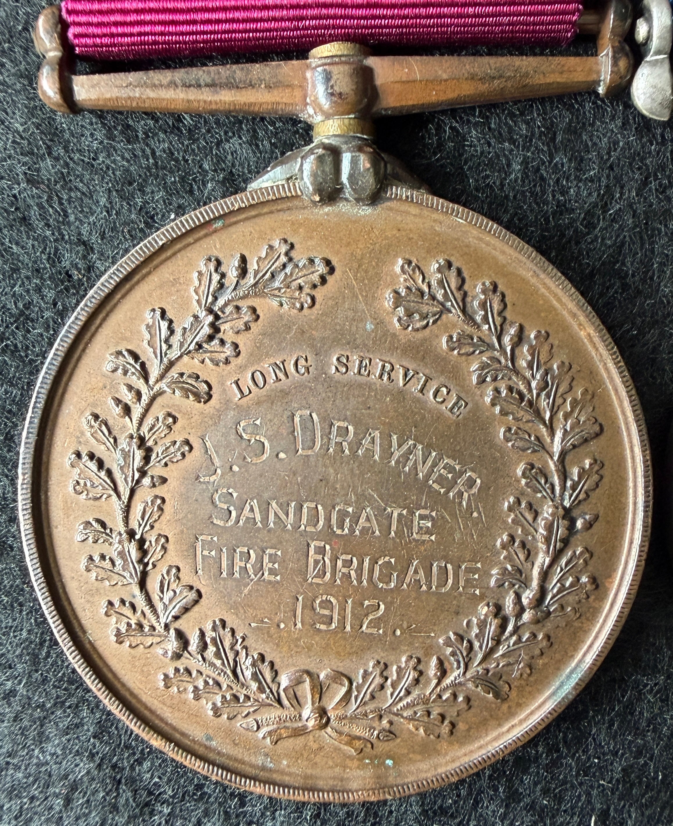 Interesting WW1 medal pair, British War & Victory Medal, awarded to ALBERT DRAYNER Royal Navy, with bronze National Fire Brigade Union Long Service Medal to brother JAMES DRAYNER, Sandgate Fire Brigade, Kent, with associated British Fire Services letter