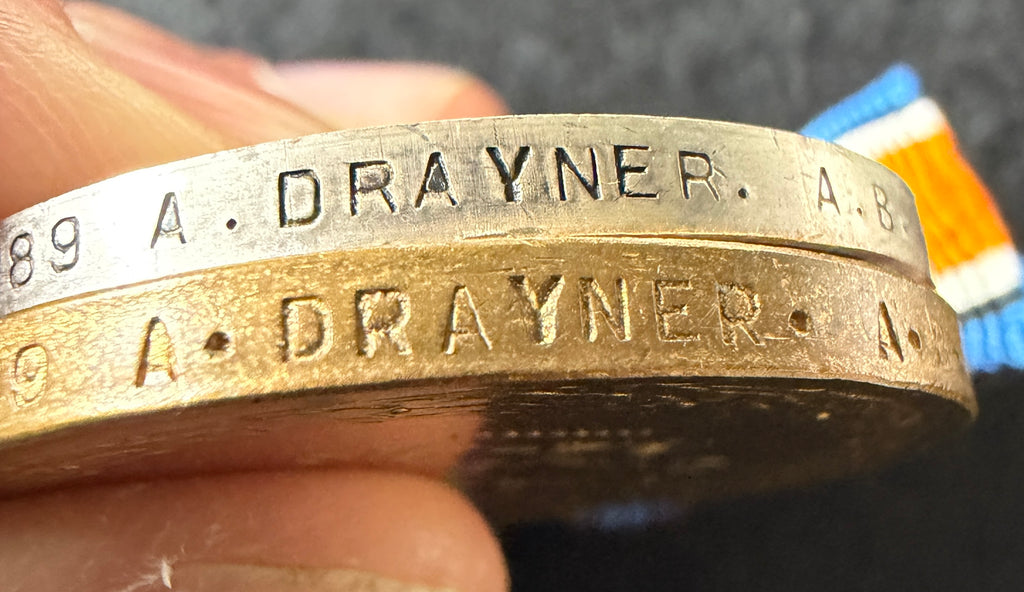 Interesting WW1 medal pair, British War & Victory Medal, awarded to ALBERT DRAYNER Royal Navy, with bronze National Fire Brigade Union Long Service Medal to brother JAMES DRAYNER, Sandgate Fire Brigade, Kent, with associated British Fire Services letter