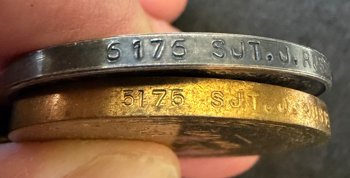 WW1 medal pair & ID discs (Dog Tags) – British War Medal & Victory Medal – Awarded to JAMES RUSSELL of the Loyal North Lancashire Regiment, along with 2 x identification discs (Dog Tags) in the name J RUSSELL