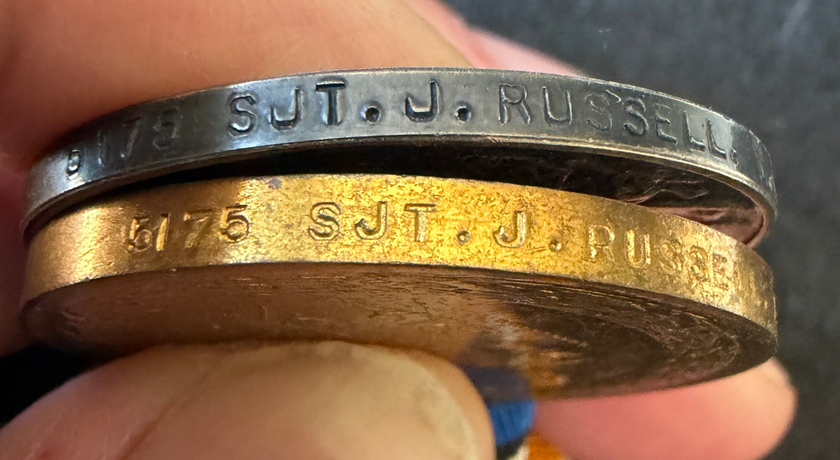WW1 medal pair & ID discs (Dog Tags) – British War Medal & Victory Medal – Awarded to JAMES RUSSELL of the Loyal North Lancashire Regiment, along with 2 x identification discs (Dog Tags) in the name J RUSSELL