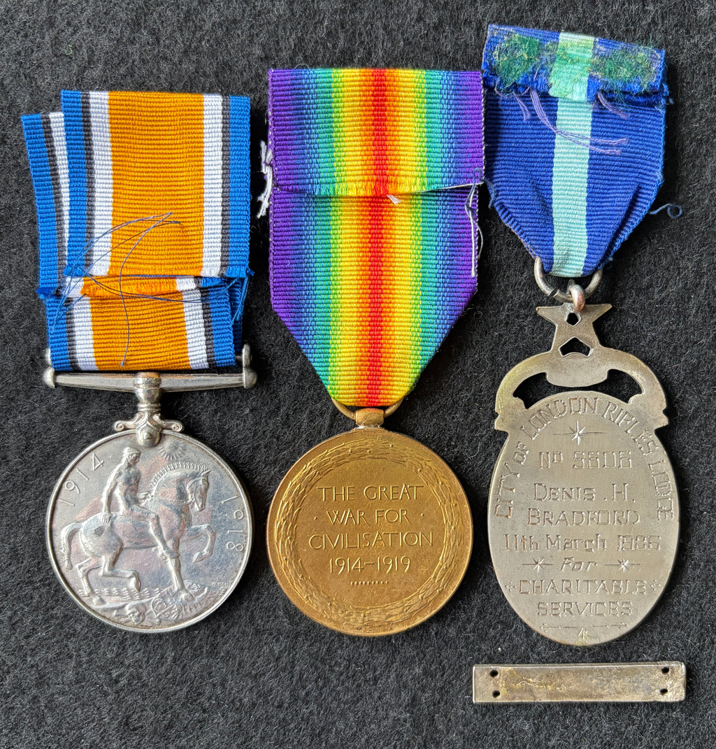 WW1 British War & Victory Medal pair to ARTHUR BRADFORD of the 13th (Service) Battalion Rifle Brigade & Royal Masonic Hospital Patron Lodge Jewel awarded to son DENIS H BRADFORD of the ‘City of London Rifle Lodge’ – ARTHUR subject to gas attack in 1918