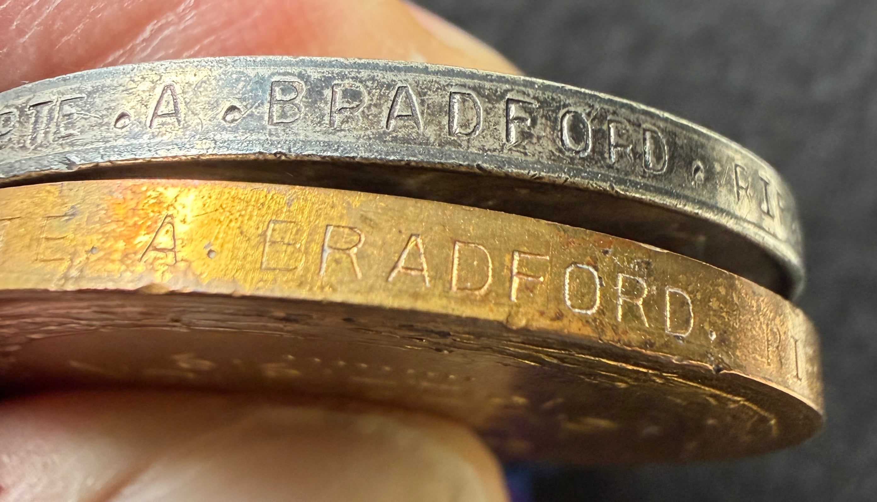 WW1 British War & Victory Medal pair to ARTHUR BRADFORD of the 13th (Service) Battalion Rifle Brigade & Royal Masonic Hospital Patron Lodge Jewel awarded to son DENIS H BRADFORD of the ‘City of London Rifle Lodge’ – ARTHUR subject to gas attack in 1918