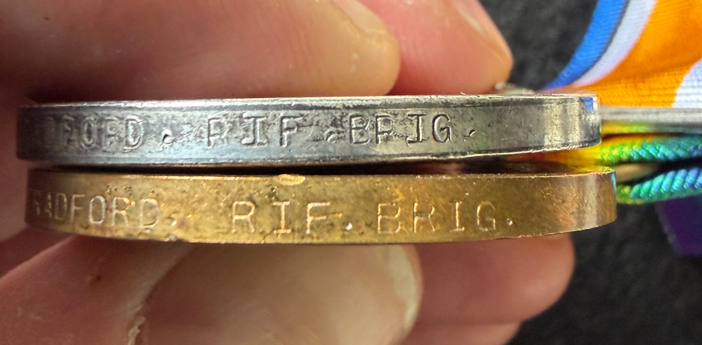 WW1 British War & Victory Medal pair to ARTHUR BRADFORD of the 13th (Service) Battalion Rifle Brigade & Royal Masonic Hospital Patron Lodge Jewel awarded to son DENIS H BRADFORD of the ‘City of London Rifle Lodge’ – ARTHUR subject to gas attack in 1918
