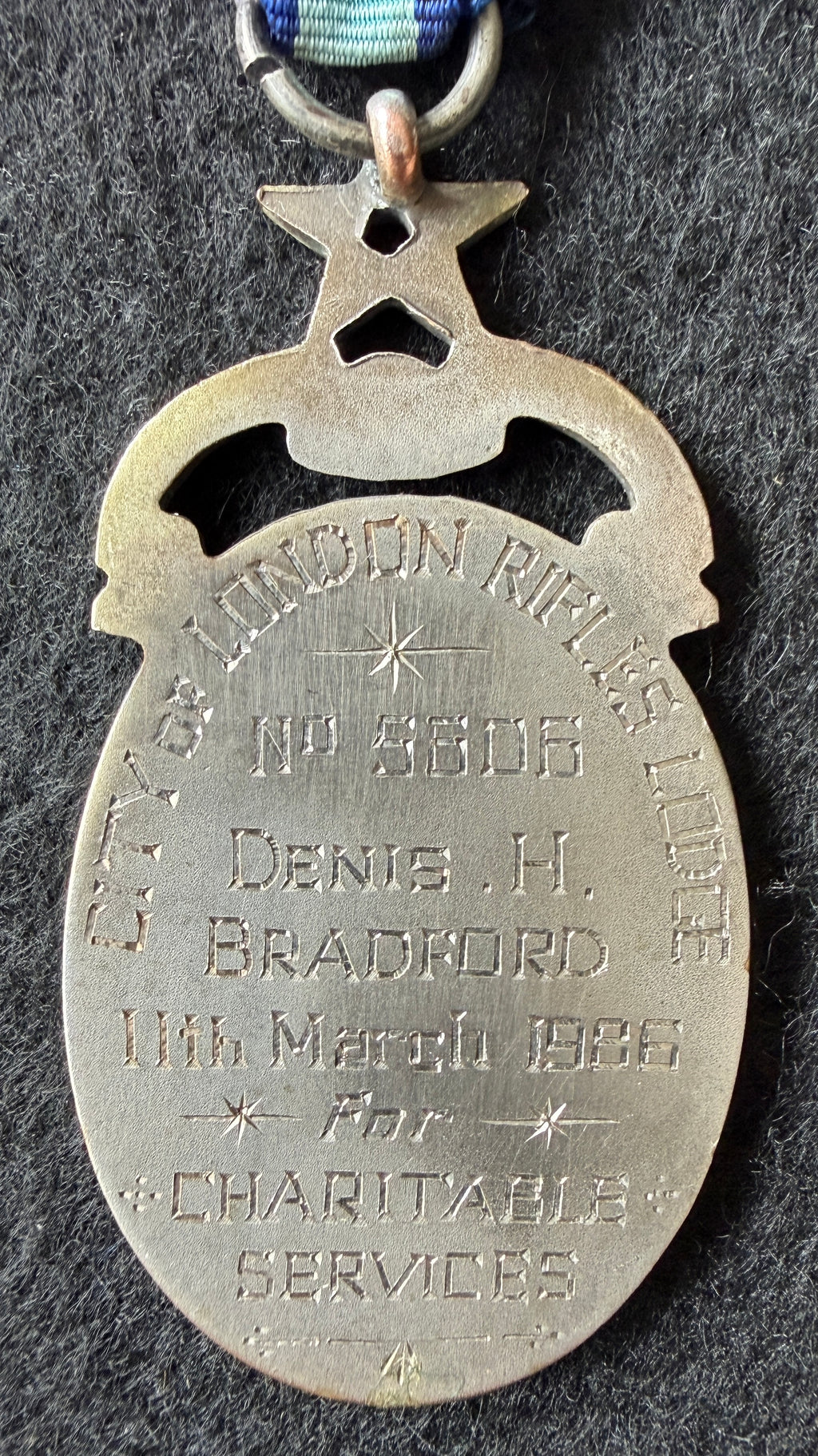 WW1 British War & Victory Medal pair to ARTHUR BRADFORD of the 13th (Service) Battalion Rifle Brigade & Royal Masonic Hospital Patron Lodge Jewel awarded to son DENIS H BRADFORD of the ‘City of London Rifle Lodge’ – ARTHUR subject to gas attack in 1918