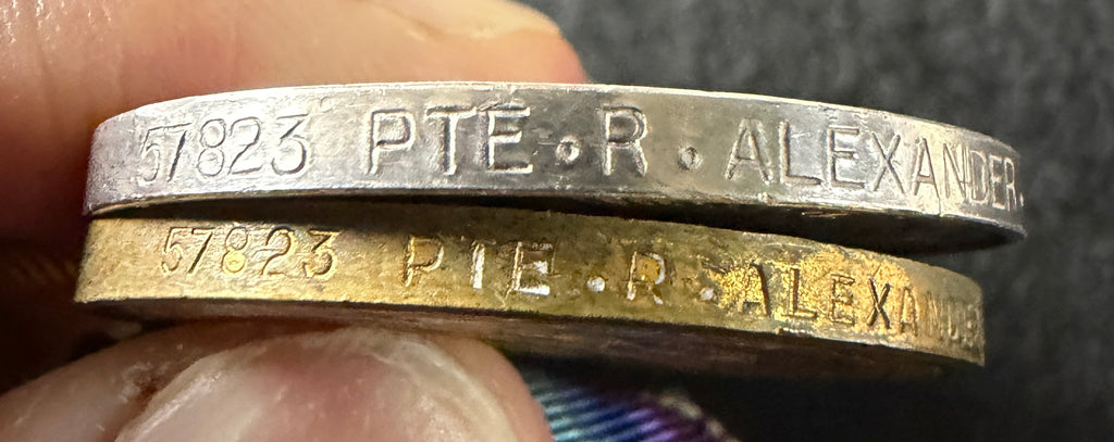 WW2 medal pair – British War Medal & Victory Medal – Awarded to Private RONALD ALEXANDER of the Royal Northumberland Fusiliers, later Royal Engineers and Labour Corps