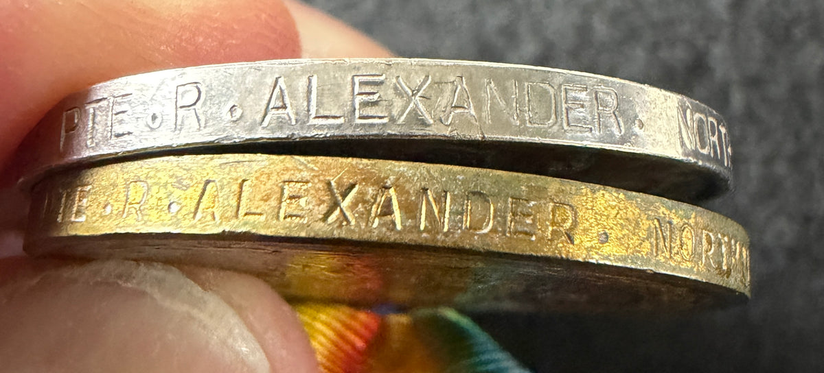 WW2 medal pair – British War Medal & Victory Medal – Awarded to Private RONALD ALEXANDER of the Royal Northumberland Fusiliers, later Royal Engineers and Labour Corps