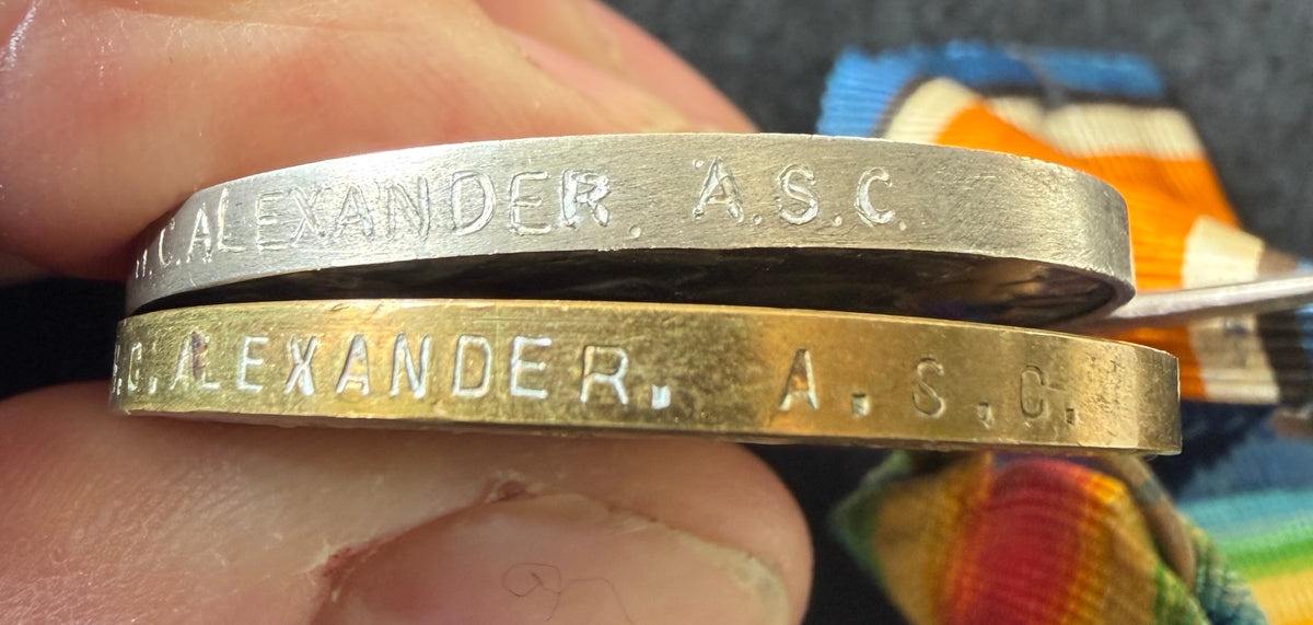WW1 medal pair - British War Medal & Victory Medal - Awarded to Private S/406066 HARRY CLAUDE ALEXANDER of the Army Service Corps – INTERESTING service history with 3 x infantry regiments and the A.S.C. in Egypt