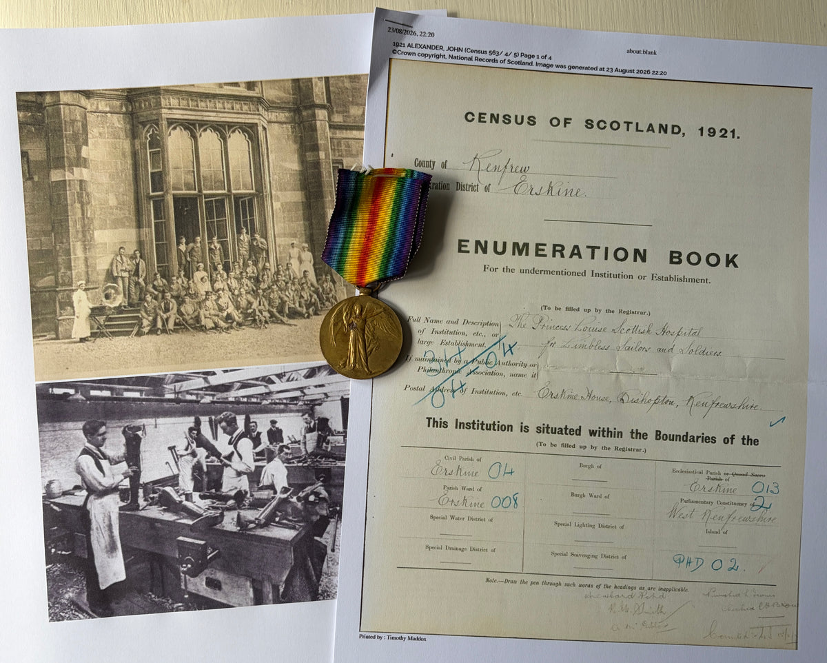 WW1 Victory Medal (Single) - To Private JOHN ALEXANDER 6th Battalion Royal Scots Fusiliers, later 2nd Bn RSF – Wounded German Spring Offensive – INTERESTING social history – Princess Louise Scottish Hospital for Limbless Sailors and Soldiers, Erskine
