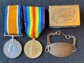WW1 British War & Victory Medal pair – Awarded to Private ALBERT SELLARS of the 22nd Company the Labour Corps –comes with associated ‘Trench Art’  - A named metal bracelet and brass matchbox holder decorated with inscription ‘A.S’ and ‘YPRES 1918’