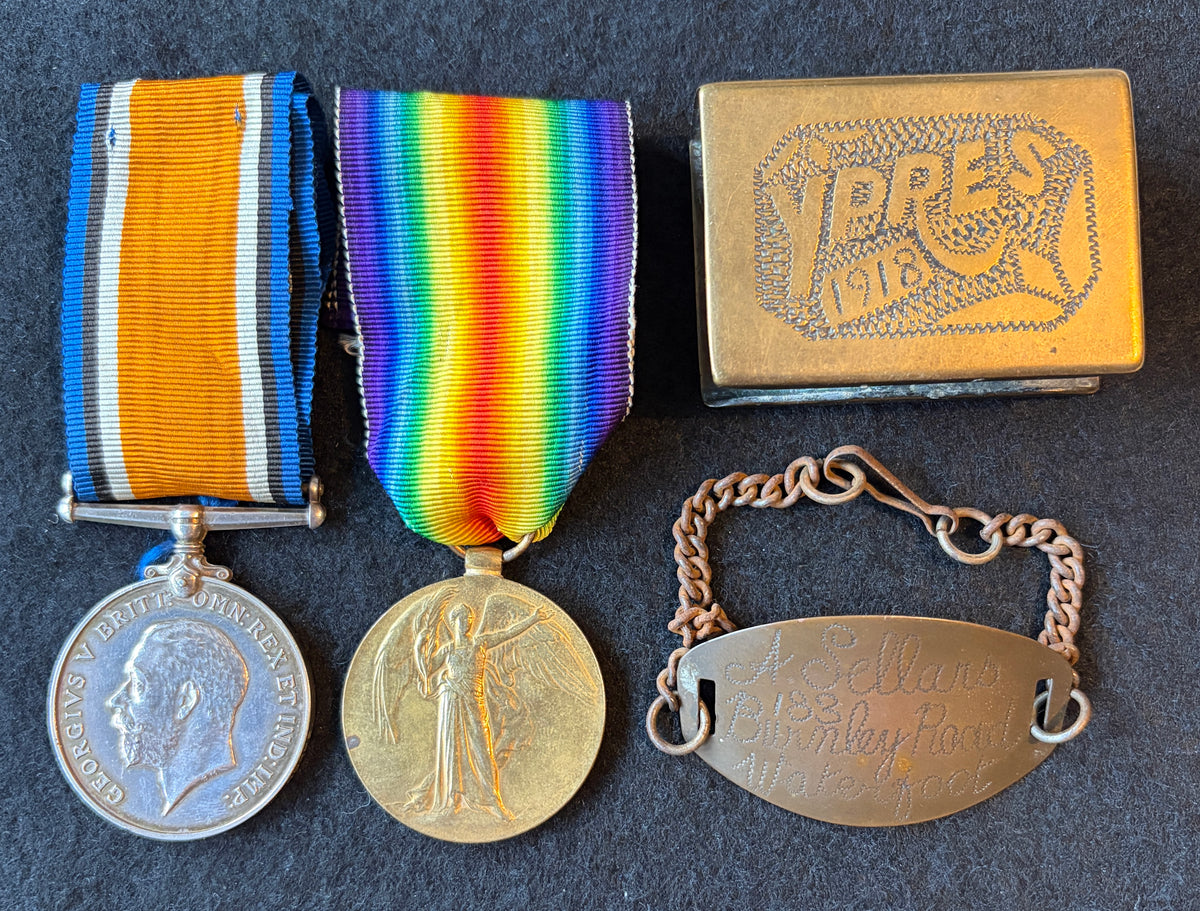 WW1 British War & Victory Medal pair – Awarded to Private ALBERT SELLARS of the 22nd Company the Labour Corps –comes with associated ‘Trench Art’  - A named metal bracelet and brass matchbox holder decorated with inscription ‘A.S’ and ‘YPRES 1918’