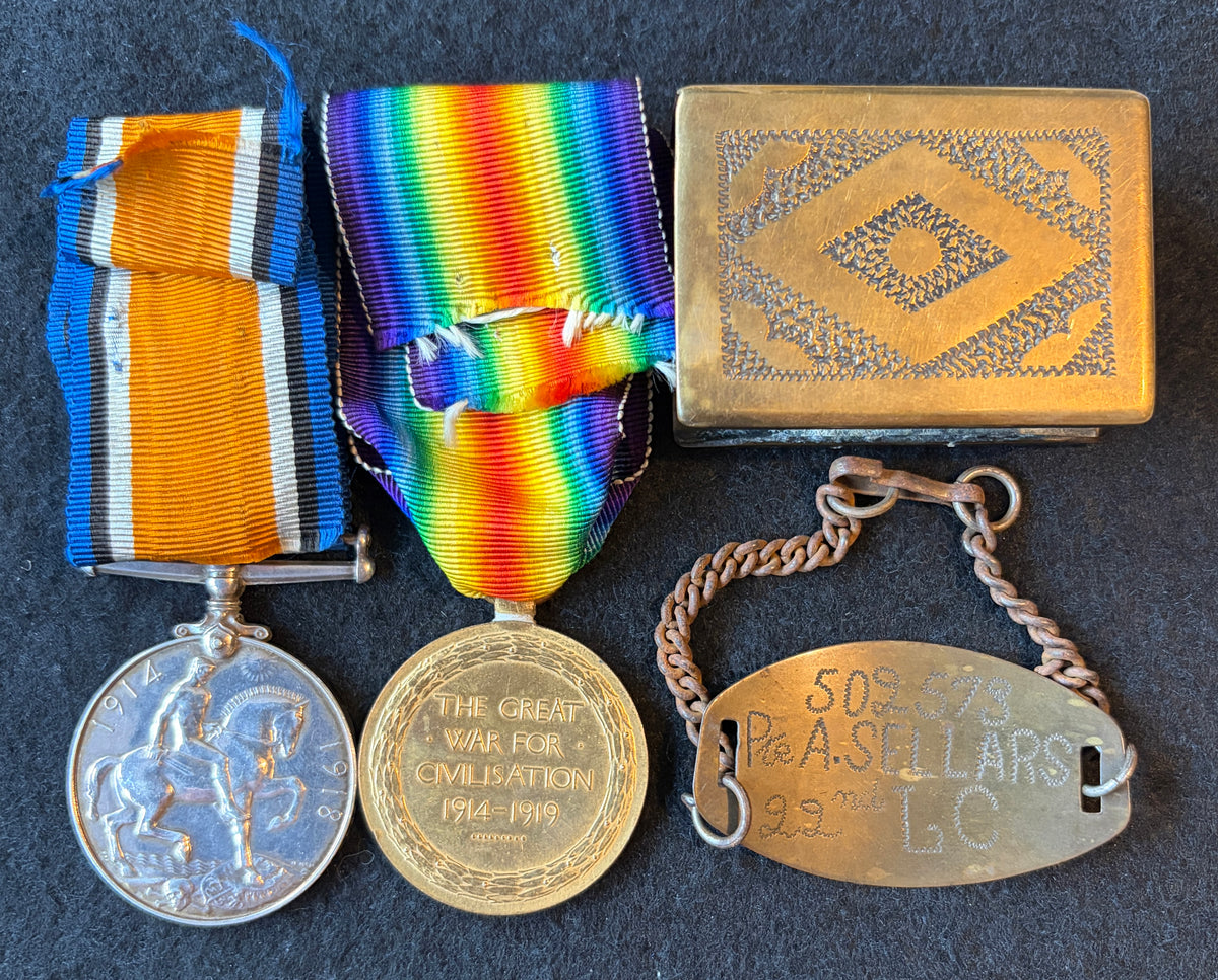 WW1 British War & Victory Medal pair – Awarded to Private ALBERT SELLARS of the 22nd Company the Labour Corps –comes with associated ‘Trench Art’  - A named metal bracelet and brass matchbox holder decorated with inscription ‘A.S’ and ‘YPRES 1918’