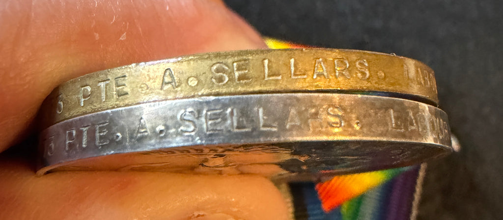 WW1 British War & Victory Medal pair – Awarded to Private ALBERT SELLARS of the 22nd Company the Labour Corps –comes with associated ‘Trench Art’  - A named metal bracelet and brass matchbox holder decorated with inscription ‘A.S’ and ‘YPRES 1918’