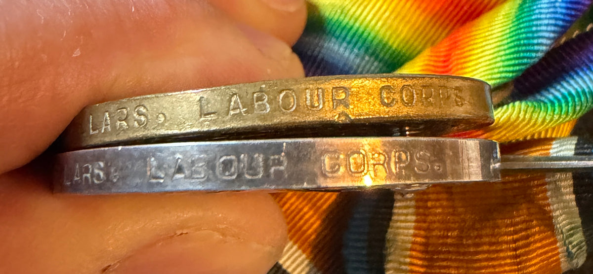 WW1 British War & Victory Medal pair – Awarded to Private ALBERT SELLARS of the 22nd Company the Labour Corps –comes with associated ‘Trench Art’  - A named metal bracelet and brass matchbox holder decorated with inscription ‘A.S’ and ‘YPRES 1918’