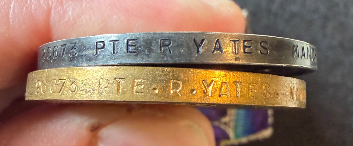 WW1 British War & Victory Medal pair – Awarded to Private ROBERT YATES of the Manchester Regiment, later the Labour Corps – Believed to be 21st (Service) Battalion Manchester Regiment – Wounded in action ‘Passchendaele’ 1917