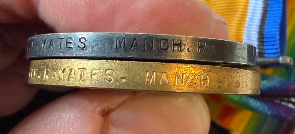 WW1 British War & Victory Medal pair – Awarded to Private ROBERT YATES of the Manchester Regiment, later the Labour Corps – Believed to be 21st (Service) Battalion Manchester Regiment – Wounded in action ‘Passchendaele’ 1917
