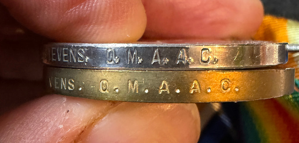 Rare WW1 British War & Victory Medal (female recipient) – Awarded to Worker (TELEGRAPHIST) LOTTIE ELEANOR STEVENS Queen Mary’s Army Auxiliary Corps, formerly Women’s Army Auxiliary Corps + brass Q.M.A.A.C. cap badge – Attached RE Signal Service