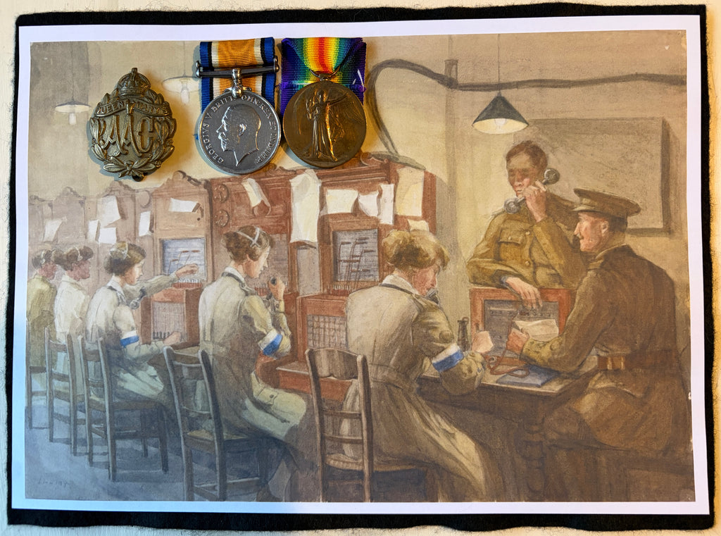 Rare WW1 British War & Victory Medal (female recipient) – Awarded to Worker (TELEGRAPHIST) LOTTIE ELEANOR STEVENS Queen Mary’s Army Auxiliary Corps, formerly Women’s Army Auxiliary Corps + brass Q.M.A.A.C. cap badge – Attached RE Signal Service